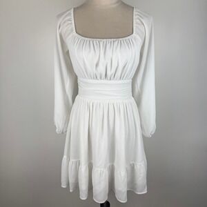 FOROLAV White Long Sleeve Square Neck Tie Back Tiered Chic Mini Dress Size Small